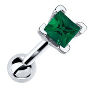 14k white gold cartilage stud with princess cut deep green emerald birthstone in V-prong setting