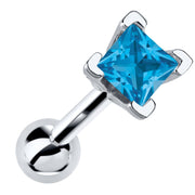 14k white gold cartilage barbell with princess cut blue topaz gemstone in V-prong setting