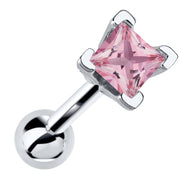 14k white gold cartilage barbell with princess cut pink tourmaline gemstone in V-prong setting