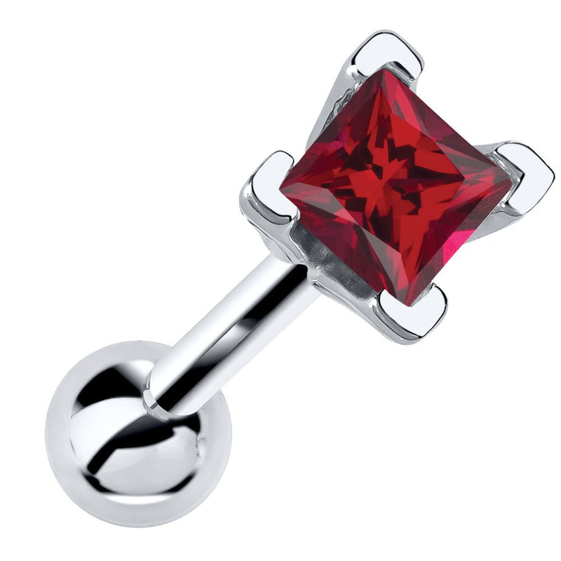14k white gold cartilage stud with princess cut bright red ruby birthstone in V-prong setting