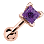 14k rose gold cartilage barbell with princess cut purple amethyst gemstone in V-prong setting