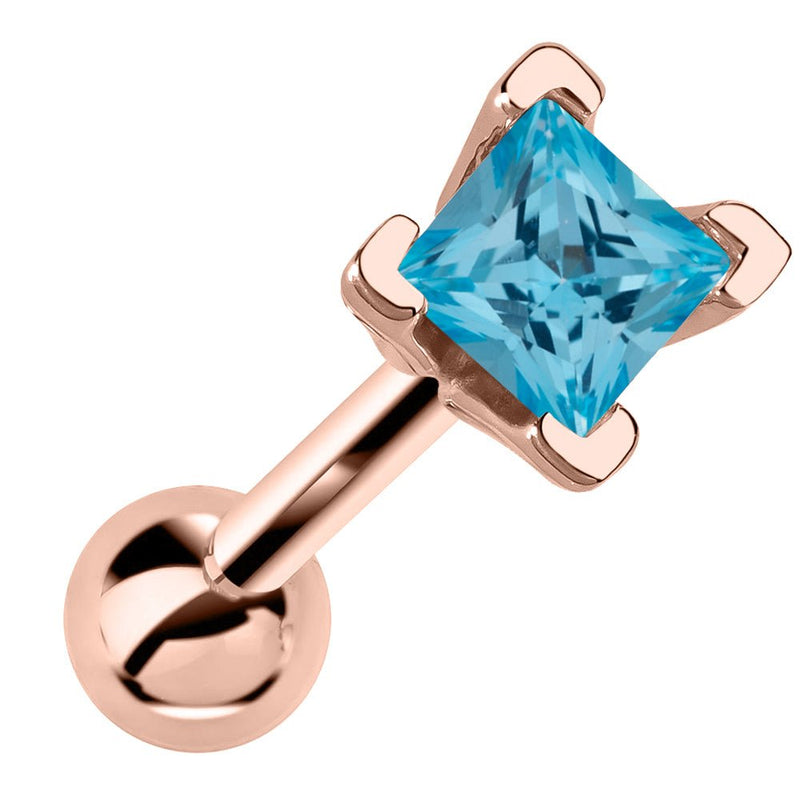 14k rose gold cartilage stud with princess cut blue aquamarine birthstone in V-prong setting