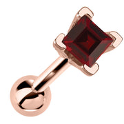 14k rose gold cartilage barbell with princess cut deep red garnet gemstone in V-prong setting