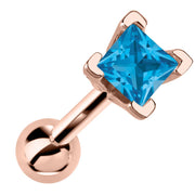 14k rose gold cartilage barbell with princess cut blue topaz gemstone in V-prong setting