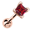 14k rose gold cartilage barbell with princess cut bright red ruby gemstone in V-prong setting