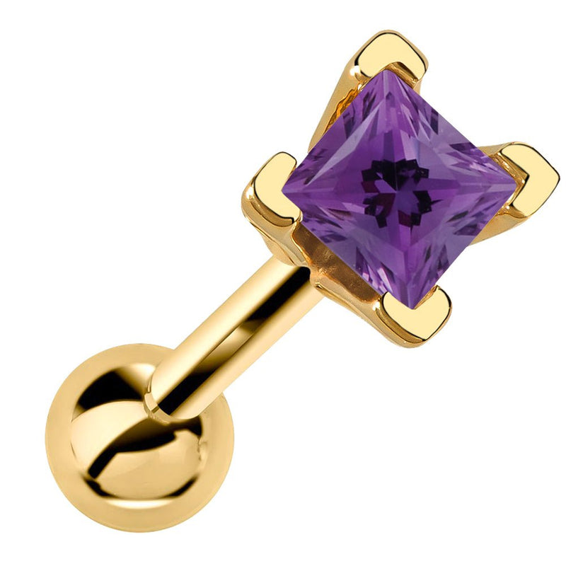 14k yellow gold cartilage stud with princess cut purple amethyst birthstone, angled front view