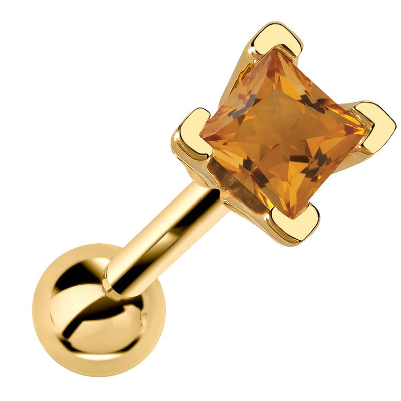 14k yellow gold cartilage stud with princess cut orange citrine birthstone in V-prong setting