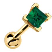14k yellow gold cartilage barbell with princess cut emerald green gemstone in V-prong setting