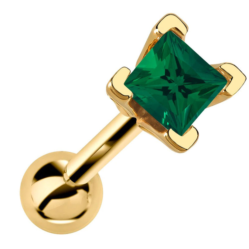 14k yellow gold cartilage barbell with princess cut emerald green gemstone in V-prong setting