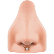 14k gold princess-cut CZ corner mount fixed bead ring shown as septum ring on nose model