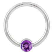 14k white gold purple CZ bezel fixed bead ring, larger gauge showing polished hoop detail