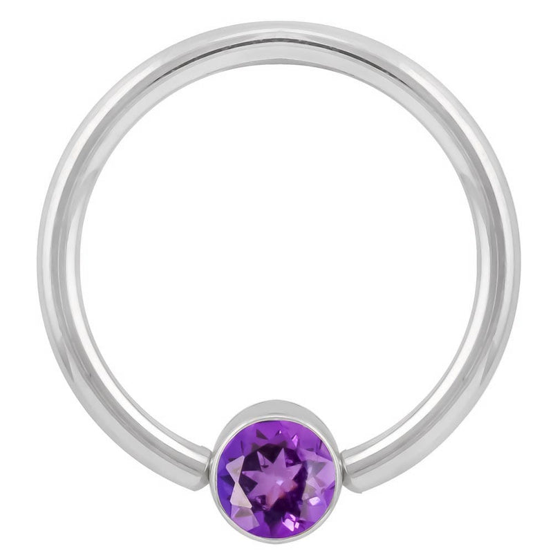 14k white gold purple CZ bezel fixed bead ring, larger gauge showing polished hoop detail