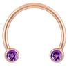 14k rose gold circular barbell with purple CZ bezels, wider open-end view highlighting warm gold tone