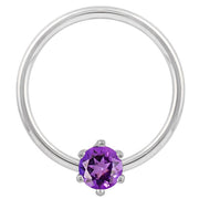 14k white gold fixed bead ring with purple CZ, larger diameter showing full hoop proportions