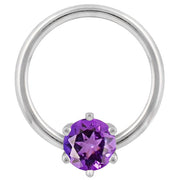 14k white gold captive bead ring with purple cubic zirconia prong-set stone, front view