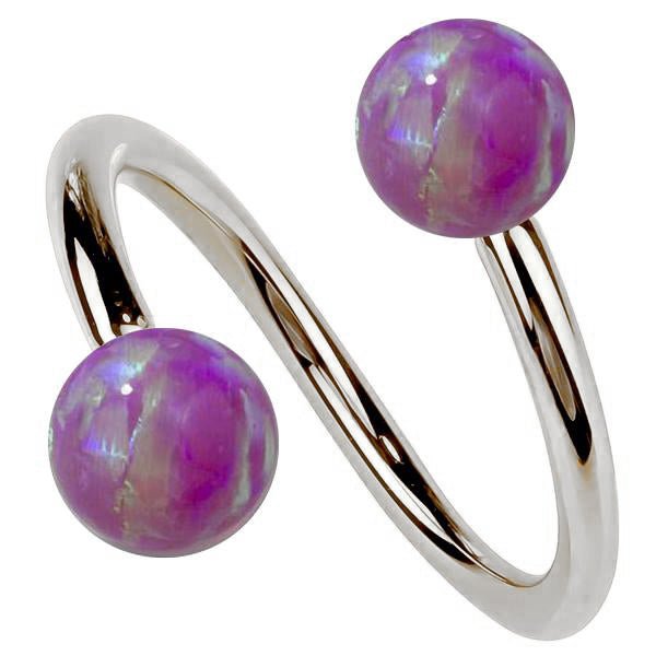 14k white gold twister spiral barbell with dual purple opal balls, front view