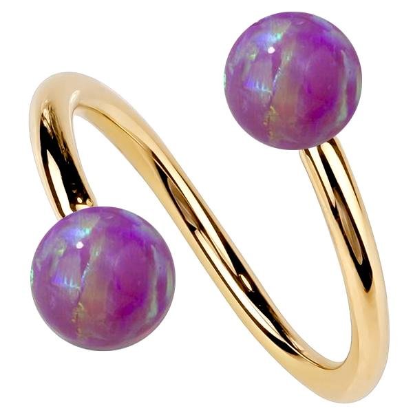 14k yellow gold twister spiral barbell with dual purple opal balls, front view
