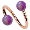 14k rose gold twister spiral barbell with dual purple opal balls, front view
