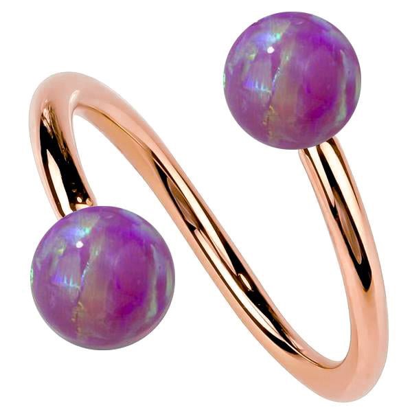 14k rose gold twister spiral barbell with dual purple opal balls, front view