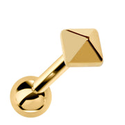 14k yellow gold pyramid charm cartilage stud earring, angled product view showing geometric faceted top