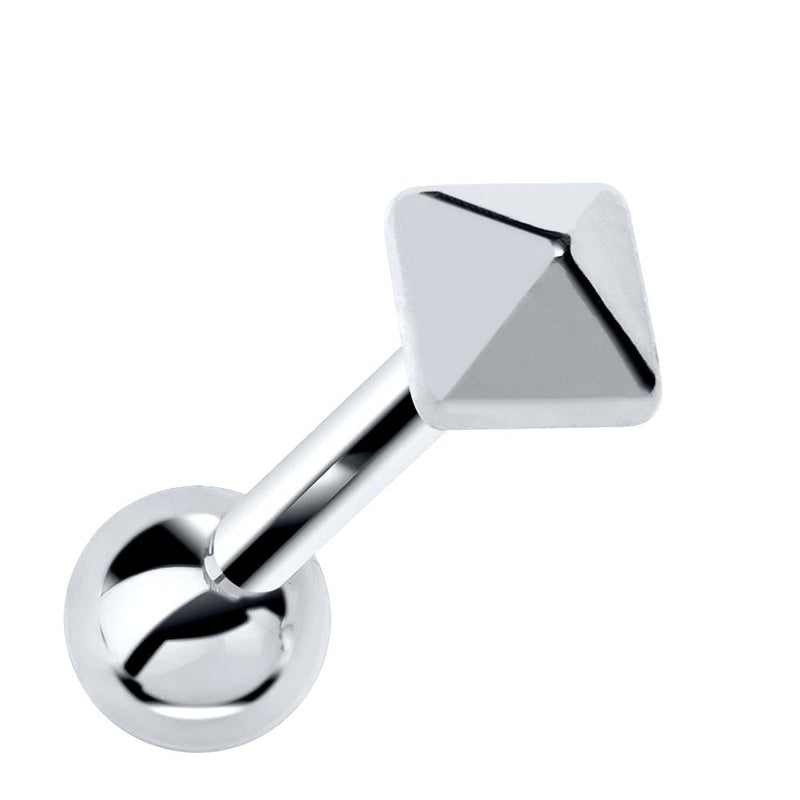 14k white gold pyramid charm cartilage stud earring, angled product view showing polished silver tone