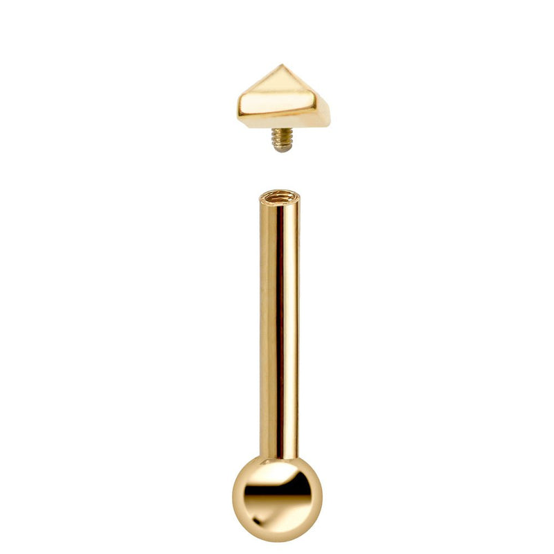14k yellow gold pyramid stud disassembled showing internal threading mechanism and barbell post
