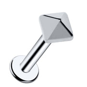 14k white gold pyramid flat-back labret stud, angled view showing polished silver-toned faceted charm and disc