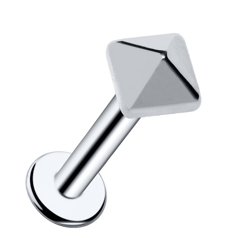 14k white gold pyramid flat-back labret stud, angled view showing polished silver-toned faceted charm and disc