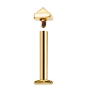 14k yellow gold pyramid labret stud disassembled showing threaded pyramid top separated from flat-back post