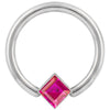 14k white gold fixed bead ring with red princess-cut CZ, larger gauge close-up front view