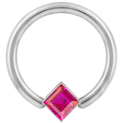14k white gold fixed bead ring with red princess-cut CZ, larger gauge close-up front view