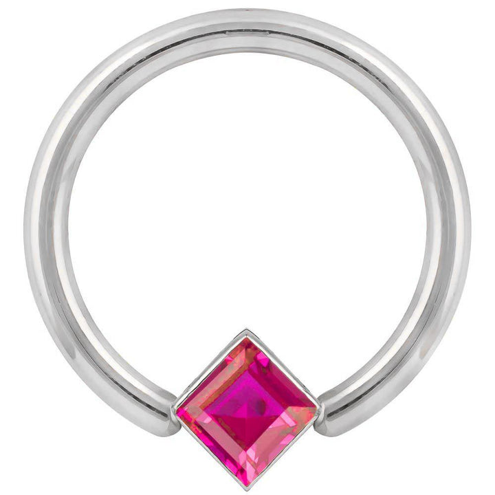 4mm Red Cubic Zirconia Princess Cut Corner Mount 14k Gold Captive Bead Ring