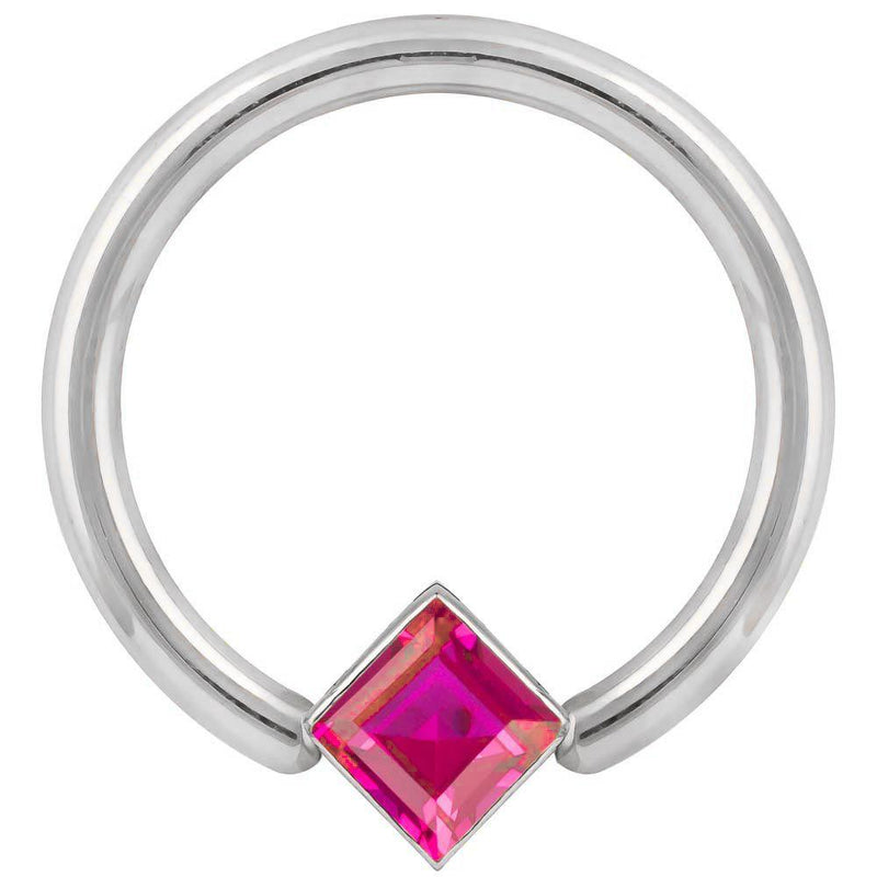 14k white gold fixed bead ring with red princess-cut CZ, larger gauge close-up front view