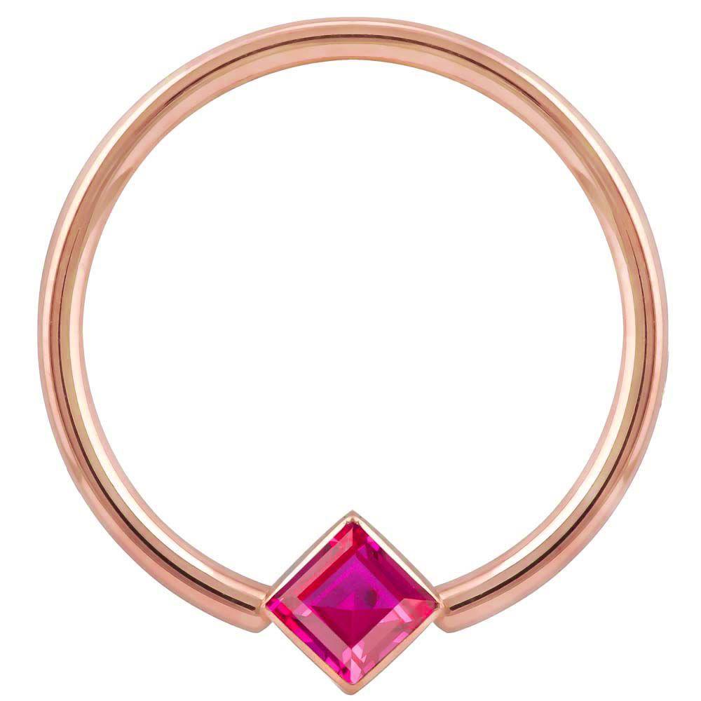 Red Cubic Zirconia Princess Cut Corner Mount 14k Gold Captive Bead Ring-14K Rose Gold   12G (2.0mm)   3 4