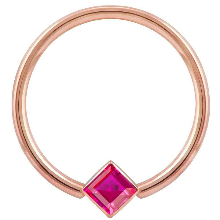 Red Cubic Zirconia Princess Cut Corner Mount 14k Gold Captive Bead Ring-14K Rose Gold   12G (2.0mm)   3 4" (19mm)