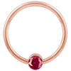 14k rose gold red cubic zirconia bezel fixed bead ring, straight-on front view showing full hoop