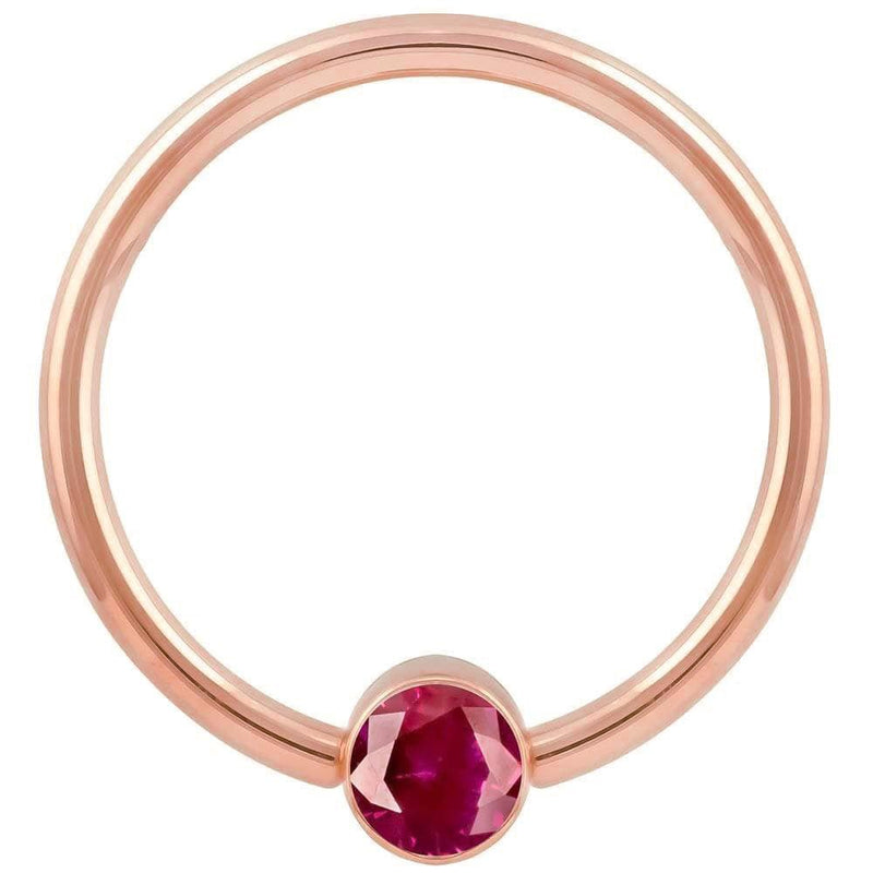 14k rose gold red cubic zirconia bezel fixed bead ring, straight-on front view showing full hoop
