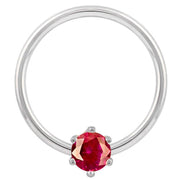 14k white gold fixed bead ring with red cubic zirconia, larger diameter front view