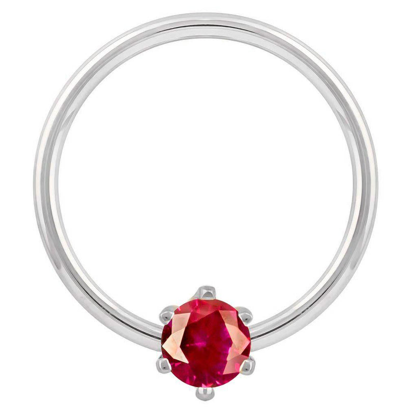 14k white gold fixed bead ring with red cubic zirconia, larger diameter front view