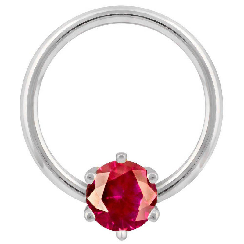 14k white gold captive bead ring with ruby-red round CZ prong-set at base, front view