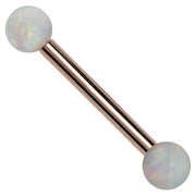 14k rose gold straight barbell with iridescent white simulated opal ball ends, front view