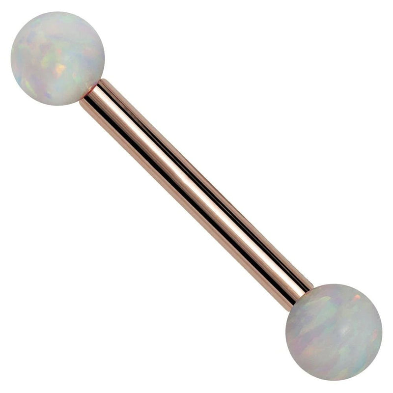 14k rose gold straight barbell with iridescent white simulated opal ball ends, front view