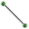 14k white gold industrial barbell with green round-cut CZ prong settings, front view