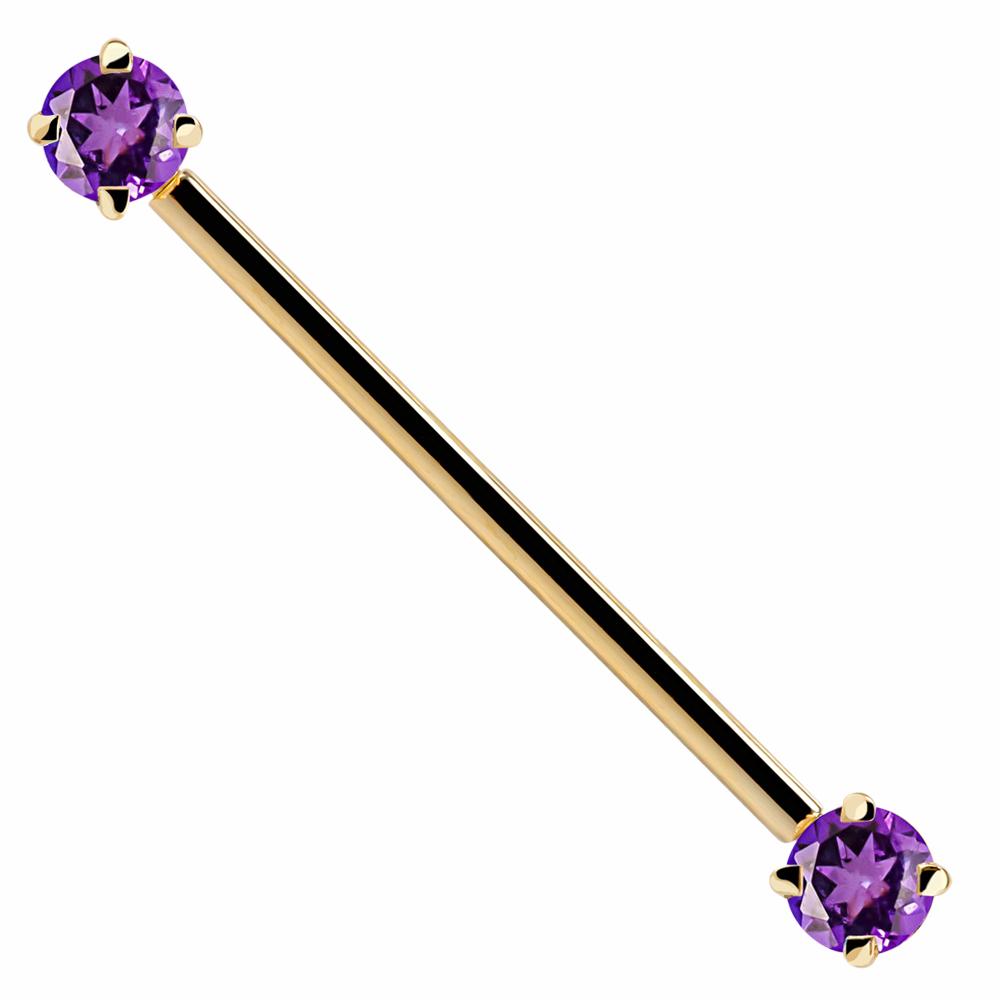 Purple Round Gem 14k Gold Industrial Piercing Barbell-14k Yellow Gold   16G (1.2mm)   1 9 16" (40mm)