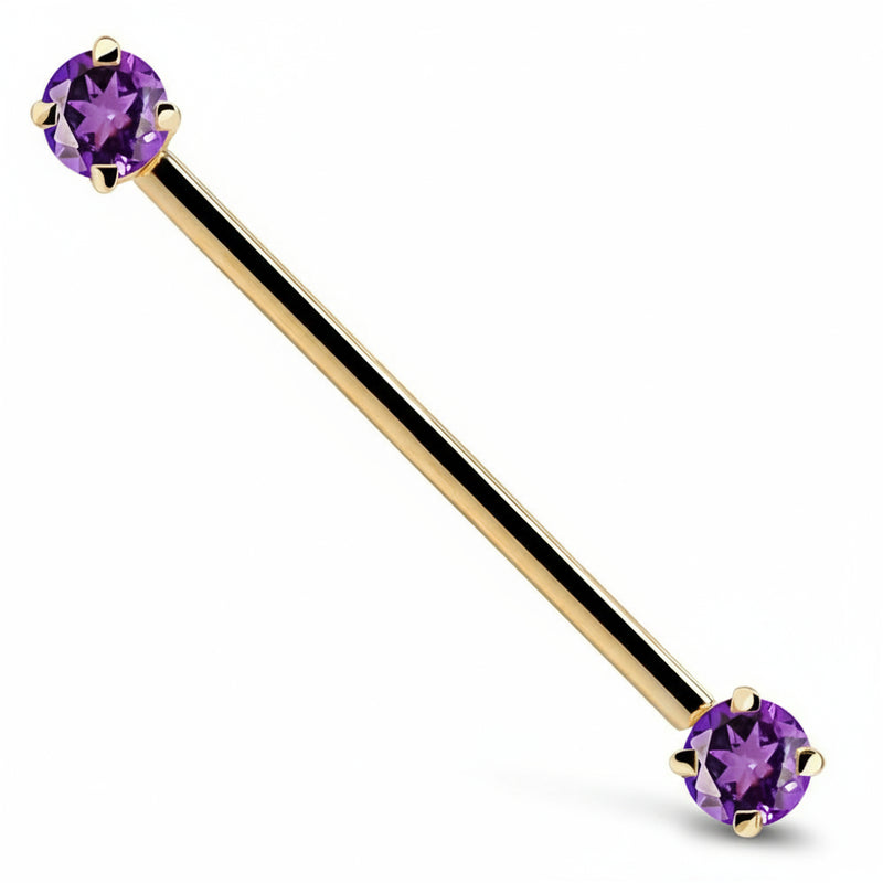 14k yellow gold industrial barbell with dual purple round CZ prong settings, front view