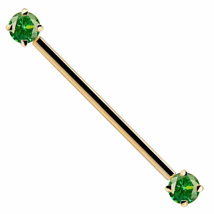 Green Round Gem 14k Gold Industrial Piercing Barbell-14k Yellow Gold   16G (1.2mm)   1 9 16" (40mm)