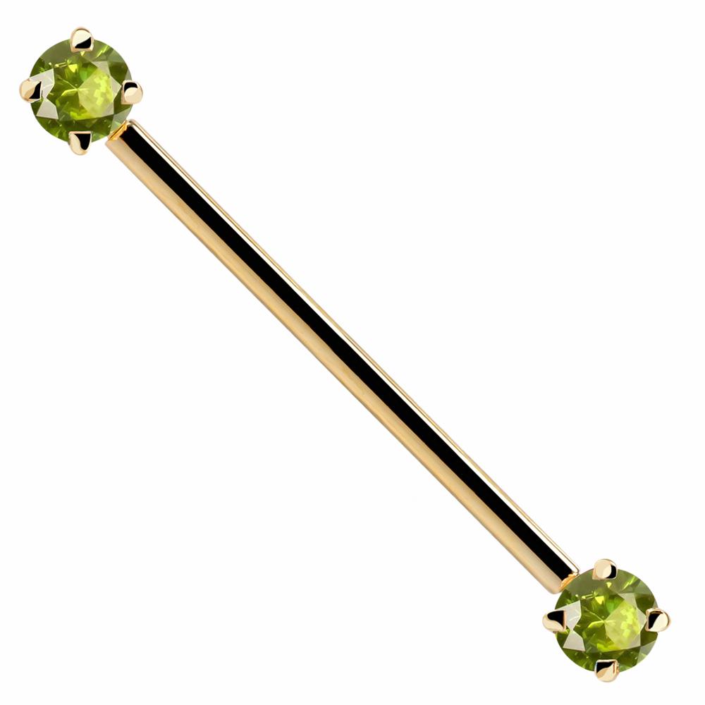 Light Green Round Gem 14k Gold Industrial Piercing Barbell-14k Yellow Gold   16G (1.2mm)   1 9 16