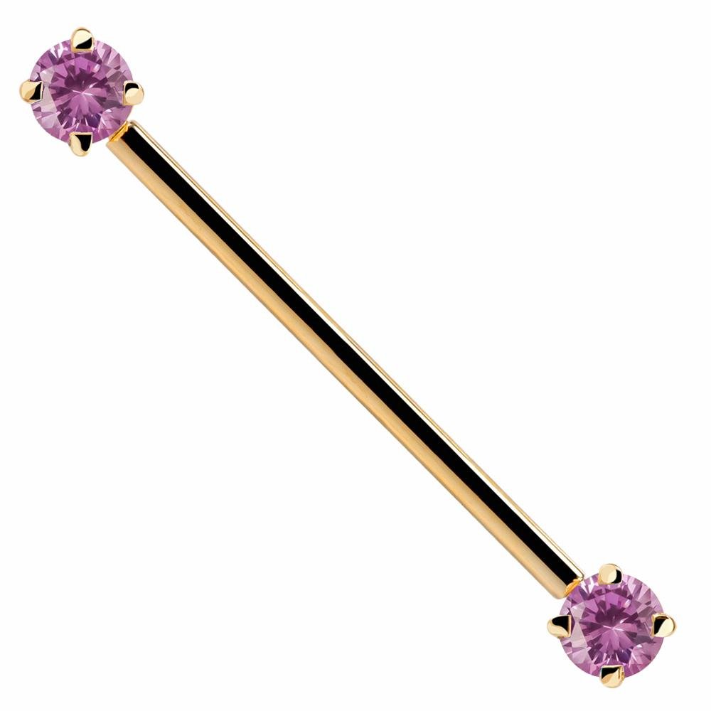 Pink Round Gem 14k Gold Industrial Piercing Barbell-14k Yellow Gold   16G (1.2mm)   1 9 16" (40mm)