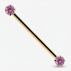 14k yellow gold industrial barbell with pink CZ ends, prong-set round-cut gems, front view