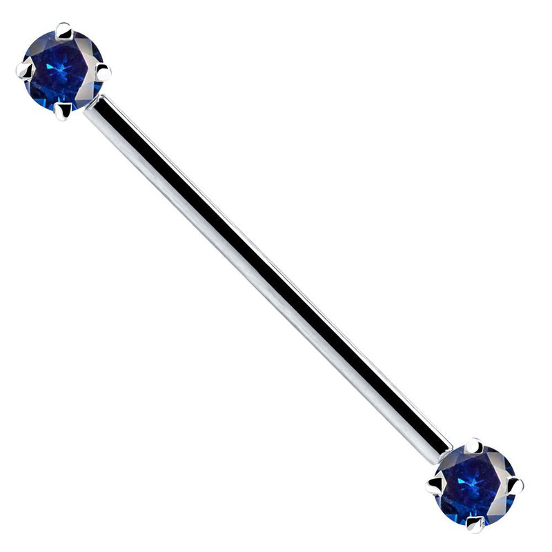14k white gold industrial barbell with dual blue round CZ gems in prong settings, front view